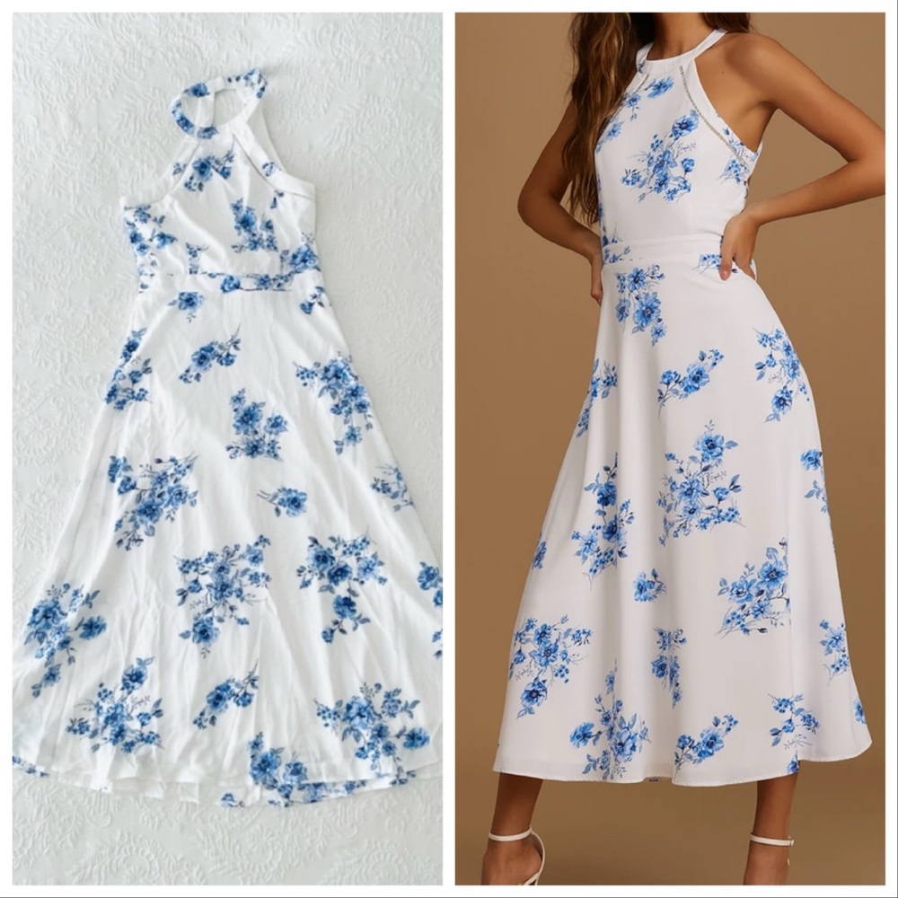 Lulu's White and Blue Floral Midi Dress